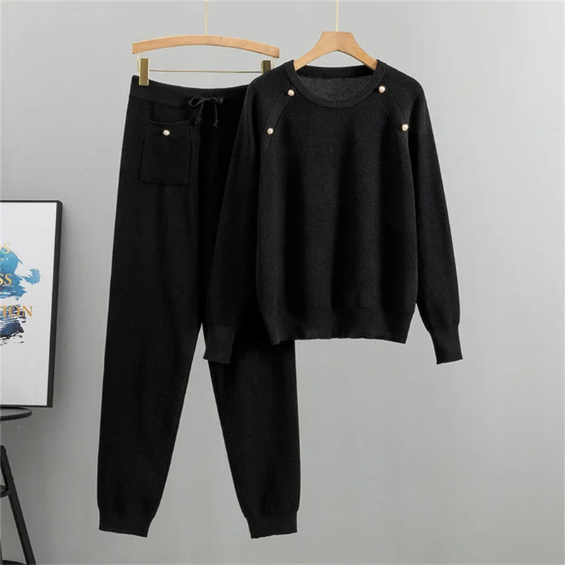 Sylvara | Women’s Pearl-Accented Knit Two-Piece Lounge Set