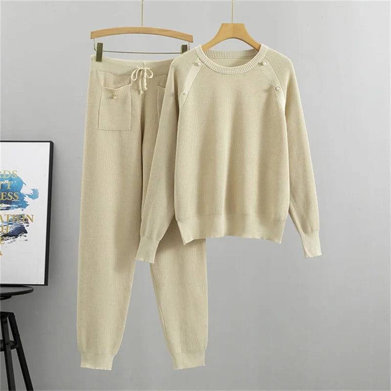 Sylvara | Women’s Pearl-Accented Knit Two-Piece Lounge Set