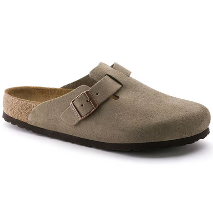 Birkenstock Boston Taupe Suede Clogs – Soft Footbed Leather Comfort Clogs
