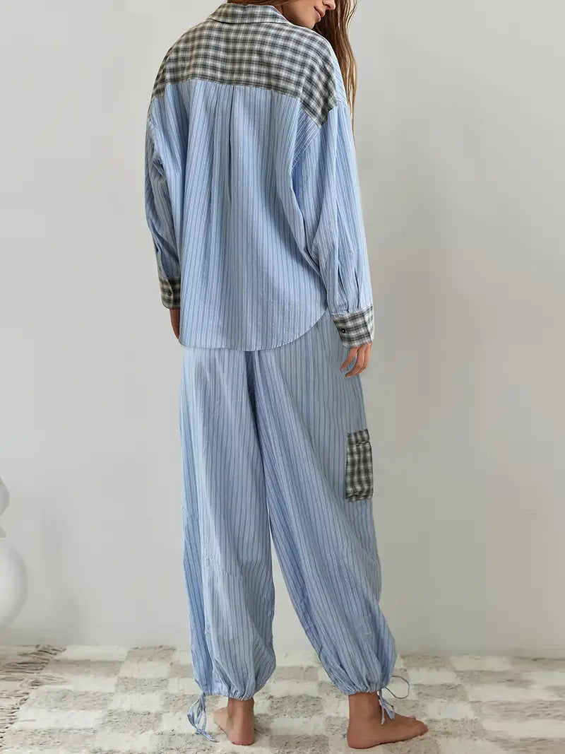 Brennar | Unisex Striped Plaid Patchwork Pajama Set