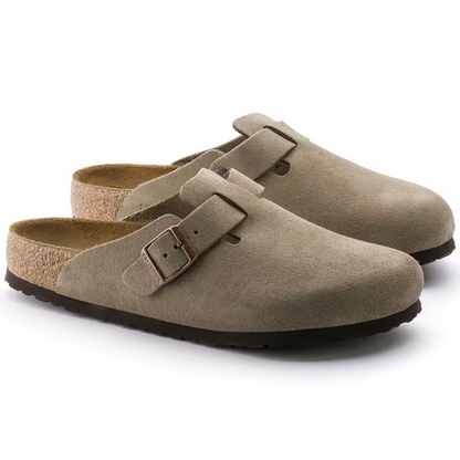 Birkenstock Boston Taupe Suede Clogs – Soft Footbed Leather Comfort Clogs