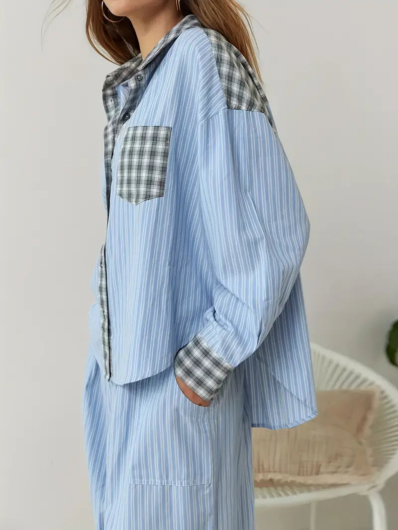 Brennar | Unisex Striped Plaid Patchwork Pajama Set